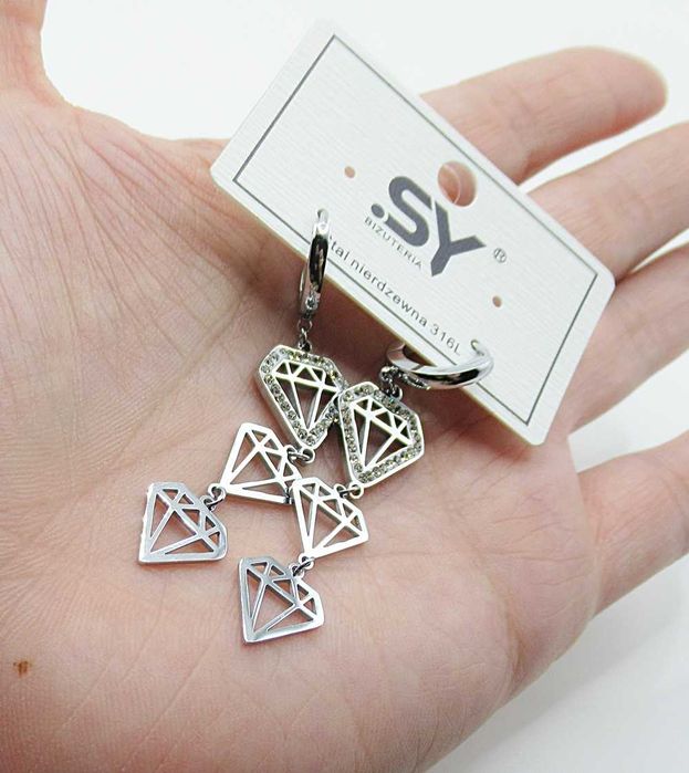 Damskie kolczyki stal chirurgiczna srebrne diamenty cyrkonie koła H617