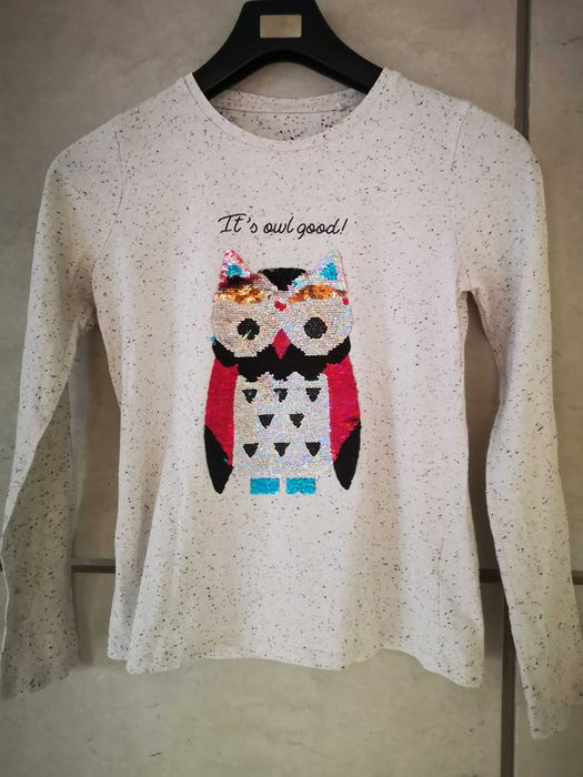 C&A szara bluzka z długim rękawem cekiny sowa r.158/164 cm 13-14 lat