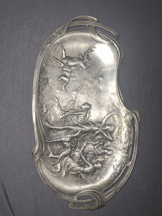 WMF Art Nouveau Secesyjna Bogini myśliwska Diana Scena myśliwska Taca