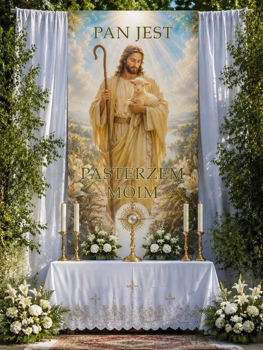 Baner religijny Boże Ciało 200x100 cm Jezus, "Pan jest moim Pasterzem"