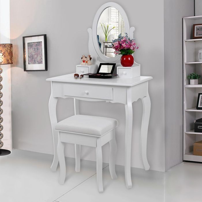 Toaletka kosmetyczna z lustrem i taboretem – biała, 3 szuflady