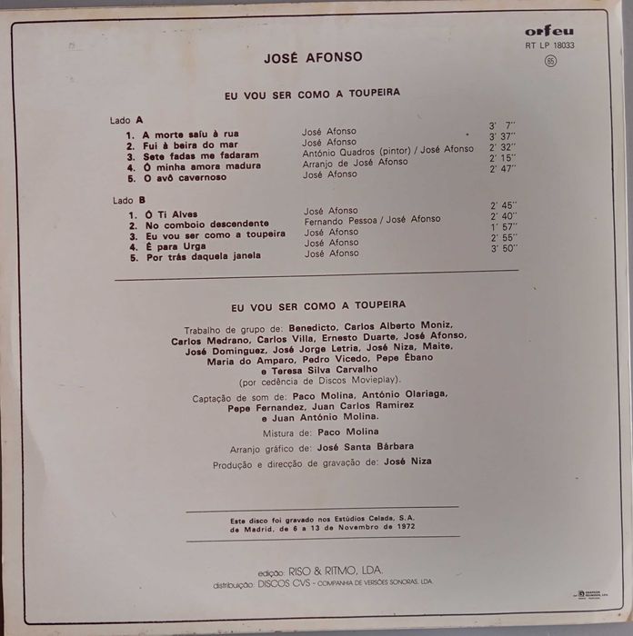 José Afonso	- - - - -		Eu Vou Ser Como a Toupeira	- - - - -	LP
