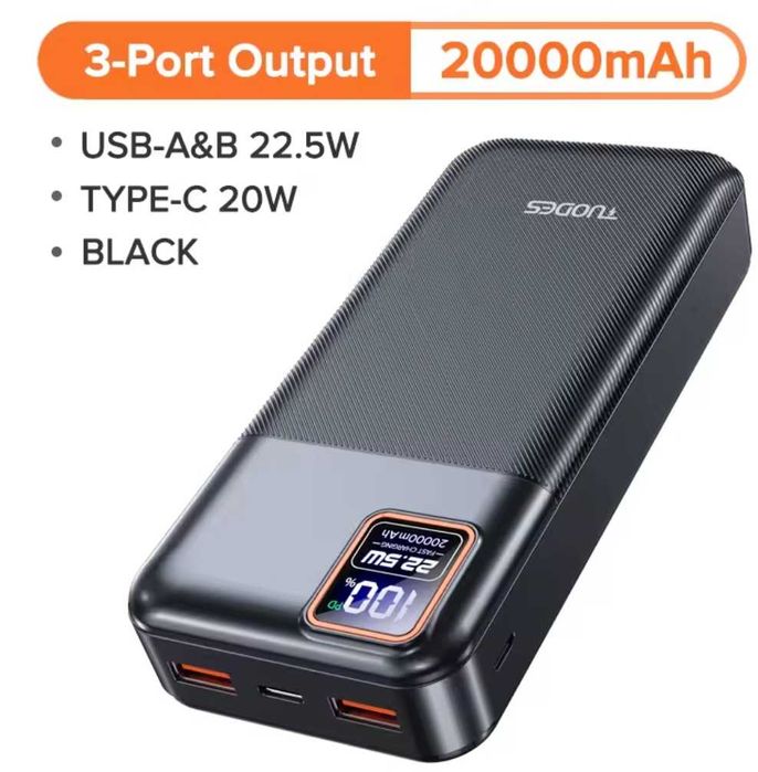 Power bank 20000mAh 22.5W Type c Usb PD QC3 QC2 5, 9, 12 вольт