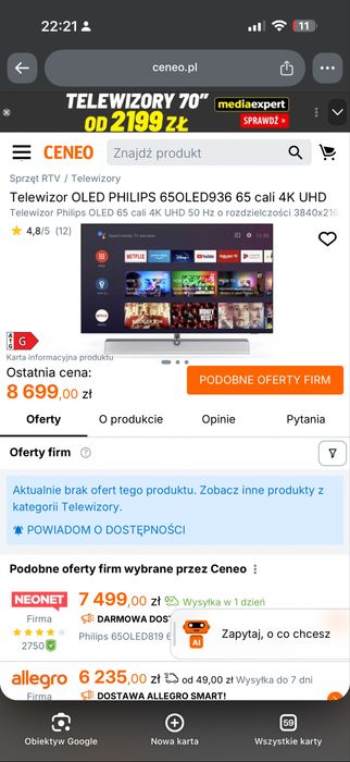 65oled936 philips najwyzszy model ambilight plus android google tv 65 cali 4k uhd netflix youtube vod tvp