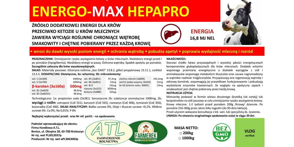 Gliceryna – Energia dla Krów 16,8 MJ. Energo-max Hepapro 1000kg