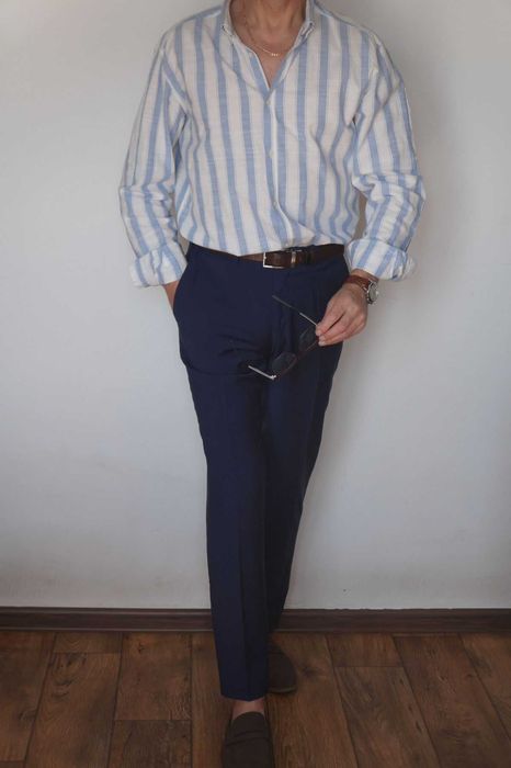 Letnia Koszula Slim Fit Smog w Błękitne Paski | Rozmiar L | Stan Idealny