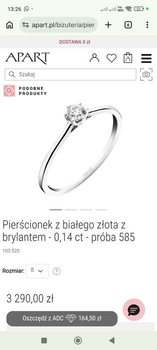 Pierścionek z brylantem złoto białe CERTYFIKAT