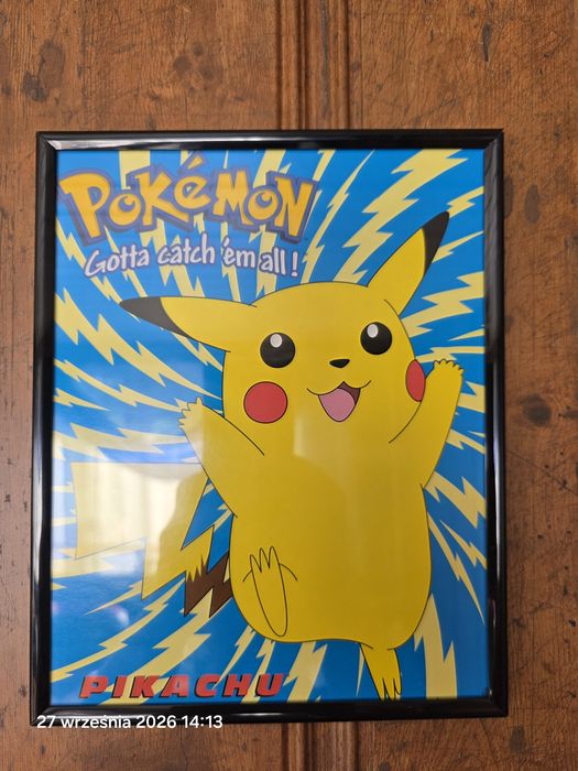 Plakat retro Pokémon PIKACHU 1999 w ramce (25x20 cm) – Vintage / Kolekcjonerski