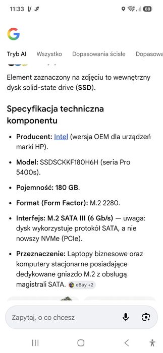 Dysk SSD M2 sata  180GB INTEL