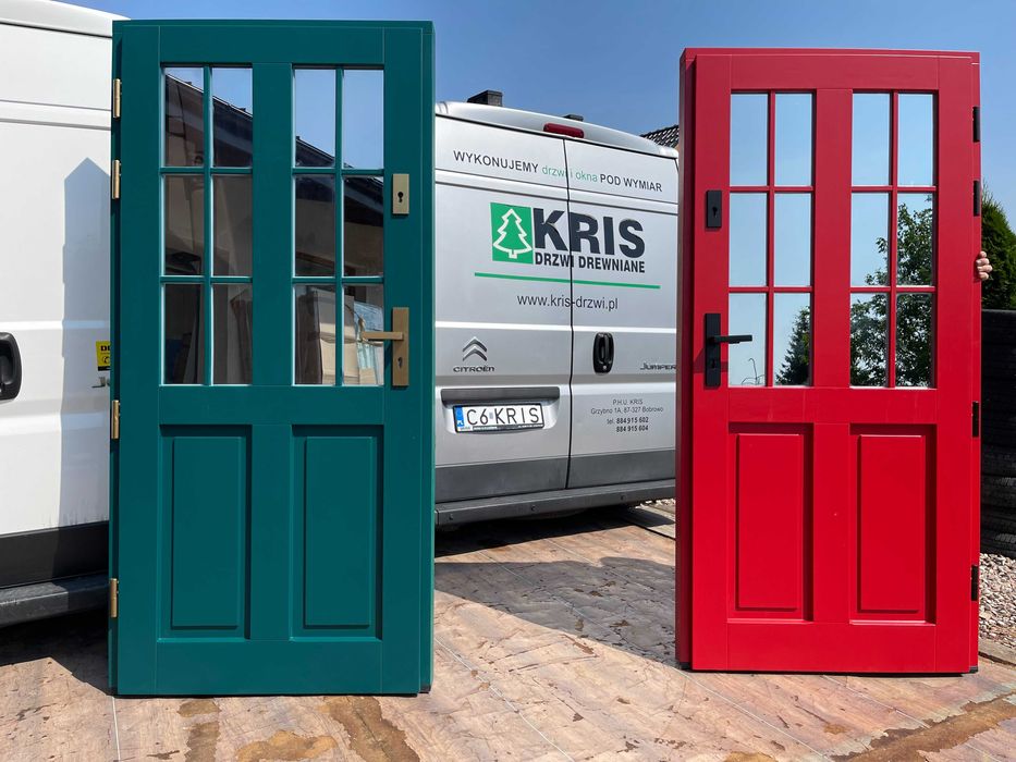 Drzwi zewnętrzne drewniane OD RĘKI ral6011 ANGIELSKIE czerwone zielone