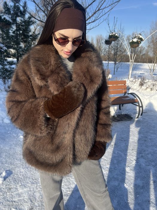 Еко шубка під соболя шоколадна анлійський комір