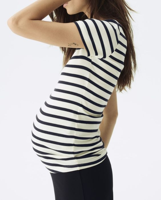 Tshirt koszulka top  krótki rękaw ciążowa H&M Mama S 36 paski kremowe granatowe