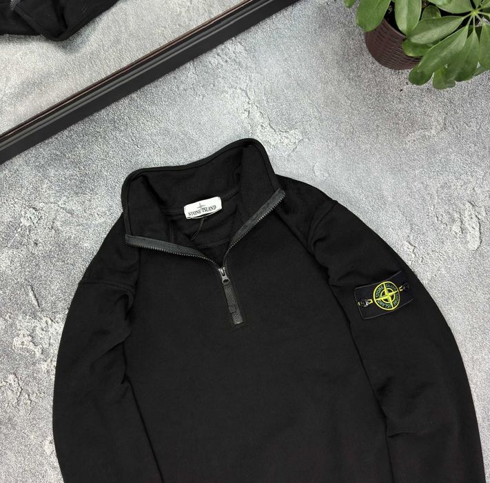 Зіп-світшот Stone Island чорного кольору 1/3 зип-свитшот стон айленд кофта толстовка 1/4 напівзамок стоник стоне айленд