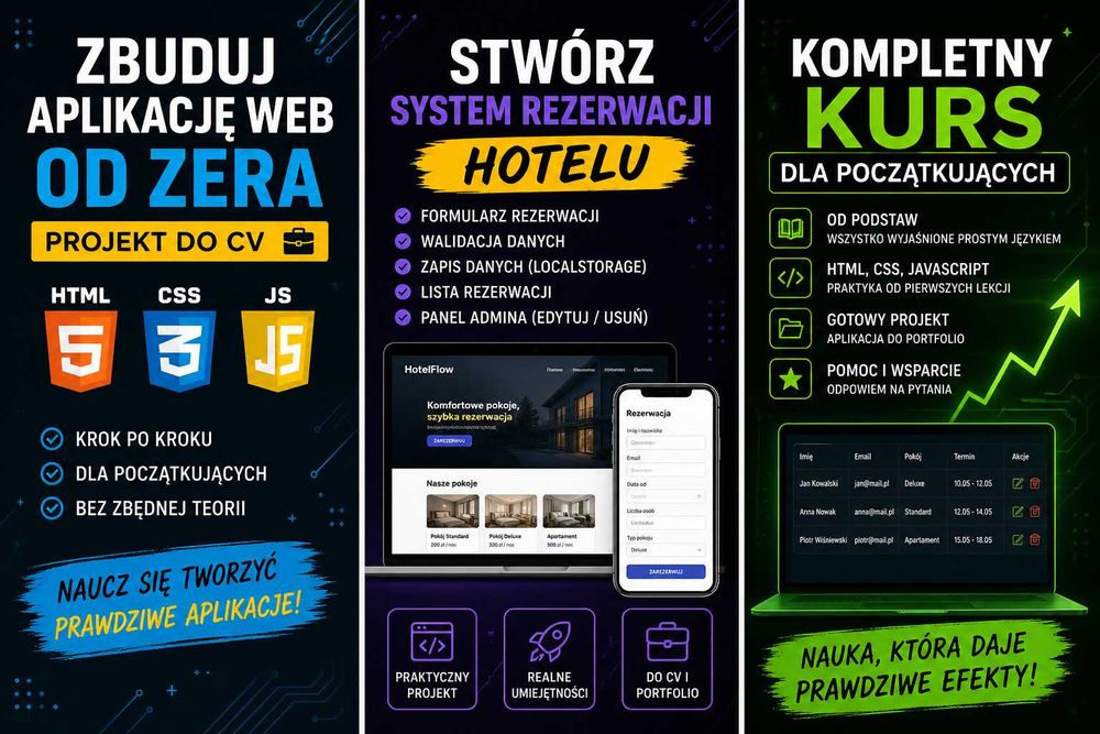 Zbuduj aplikację web od zera Projekt do CV (HTML CSS JS JSON + panel admina)