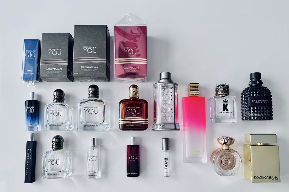 Całość Puste flakony buteleczki po perfumach Armani, Dolce & Gabbana, Valentino