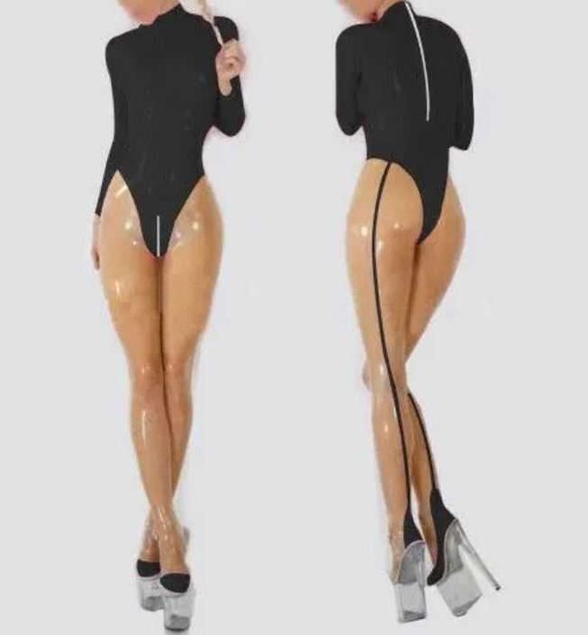 792/ Teatr Halloween Catsuit XL kombinezon lateks czarno transparentny