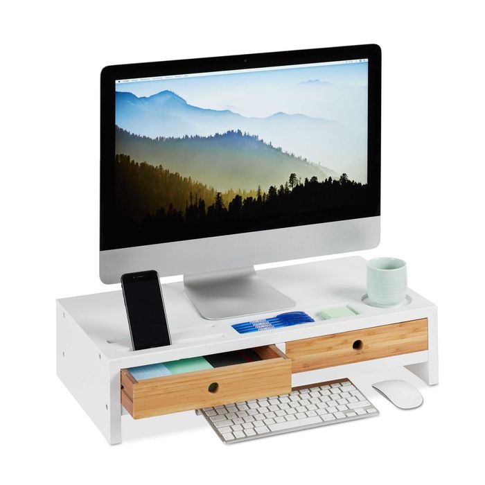 Relaxdays Podstawka Pod Monitor 2 Szuflady Organizer Biurko Ekran Laptop
