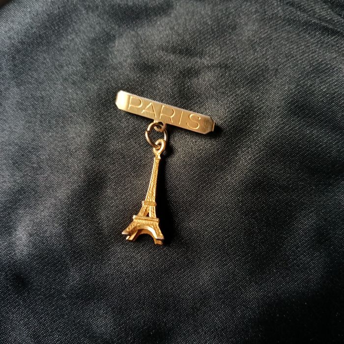 Vintage broszka "Paris" z wieżą Eiffla – retro styl, mosiądz/brąz