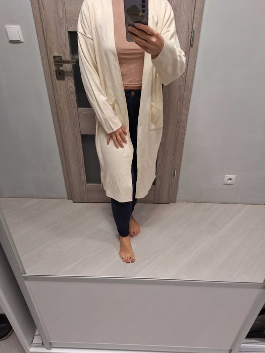 Beżowy, kremoqy kardigan sweter dlugi rozm.uniwersalny