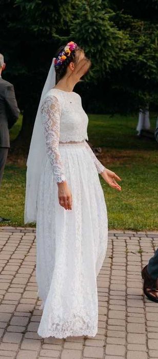 Suknia ślubna S/M- prosta, koronkowa, delikatna