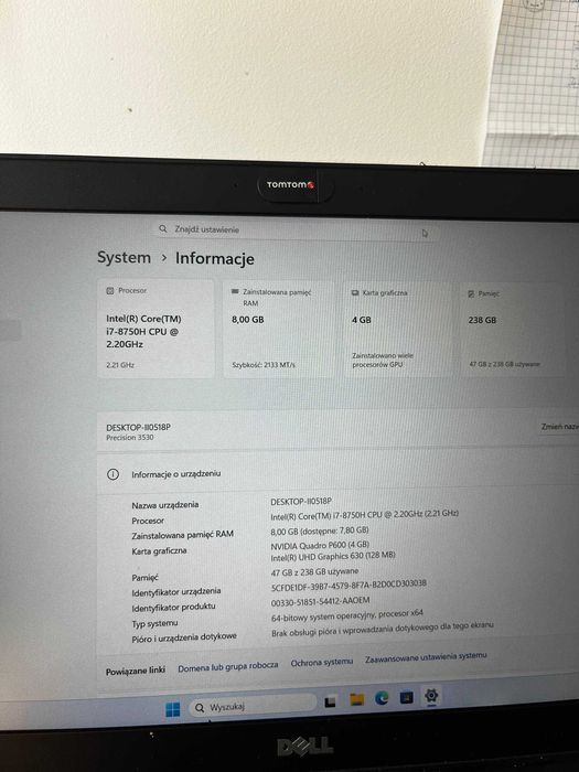 laptop DELL  Latitude5580 i7-8750H nvidia p600 4GB DDR4 8GB