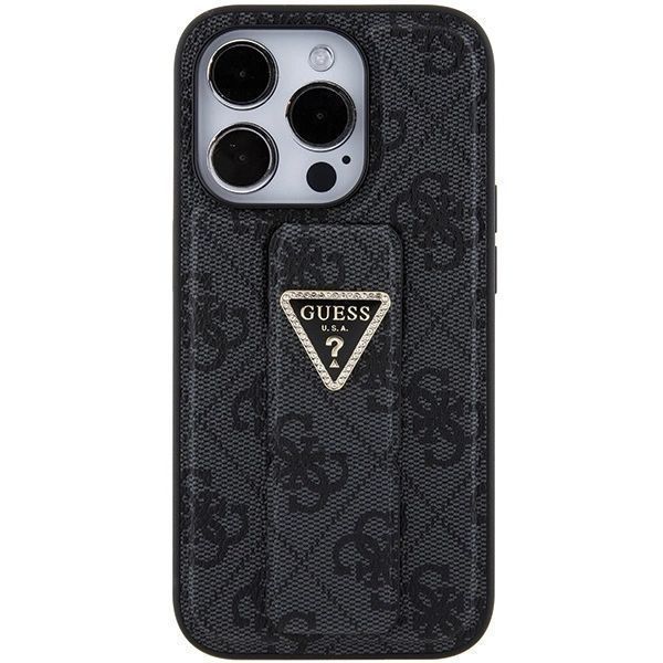 Etui Guess Grip Stand 4G Triangle Strass na iPhone 15 Pro - czarne