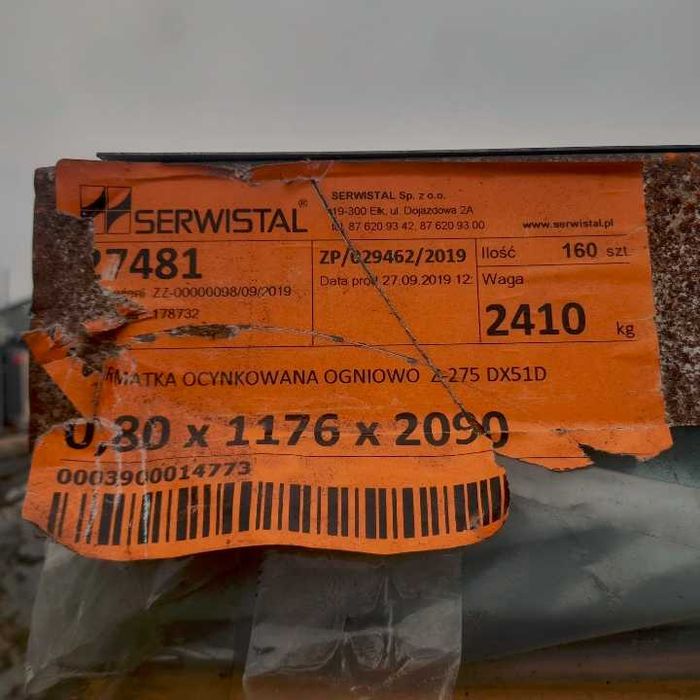 blacha 0,8mm ocynkowana wymiary: 1176mm x 2090mm  DX51D