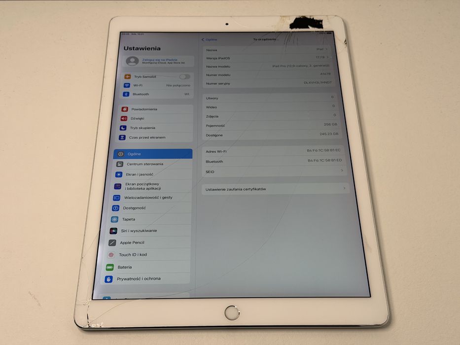 iPad Pro 12.9 2. gen. (A1670) - 256GB - zbity - faktura VAT 23%