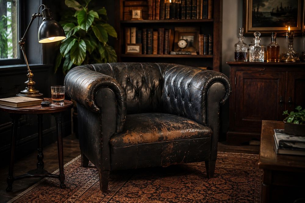 poltrona Chesterfield clássica de braços enrolados e capitonê