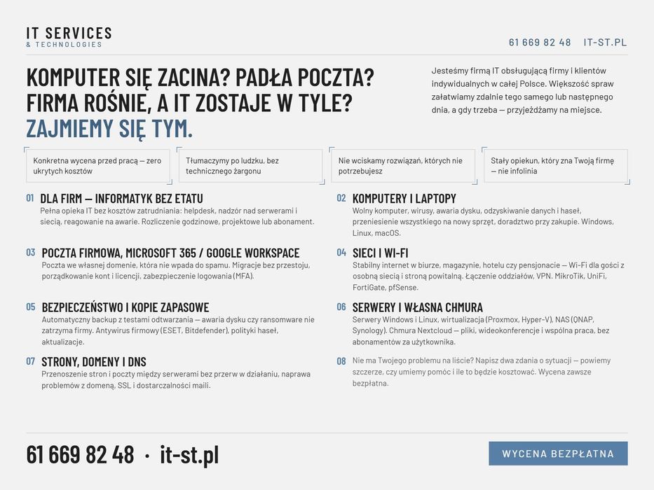 it-st.pl | Obsługa informatyczna firm | Serwery, Sieci, VPN, Backup, Bezpieczeństwo, Chmura | Outsourcing IT |