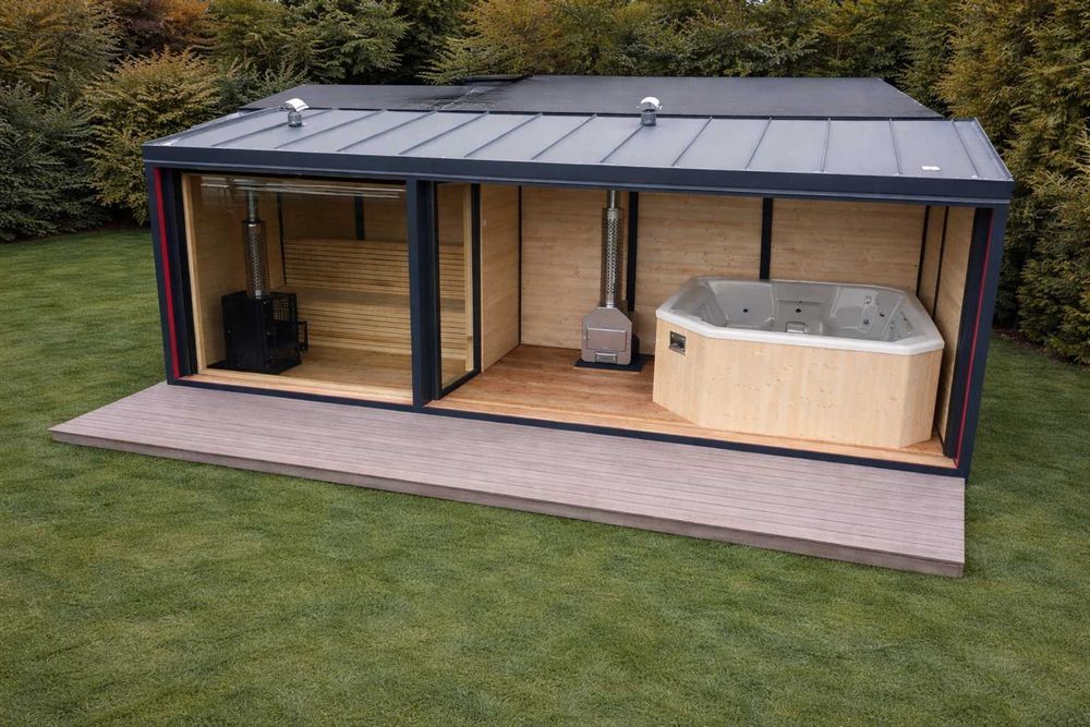 Sauna ogrodowa z jacuzzi dla 5-6 osób zestaw z piecami i masażem