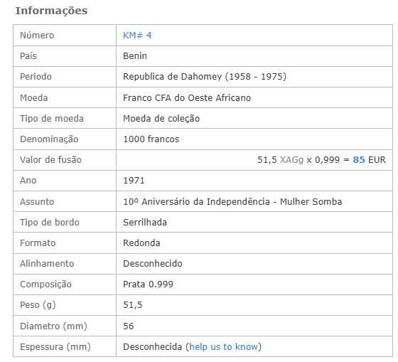 Mulher Somba moeda muito rara da República de Dahomey (Benin) em prata Proof de 1000 Francos de 1971