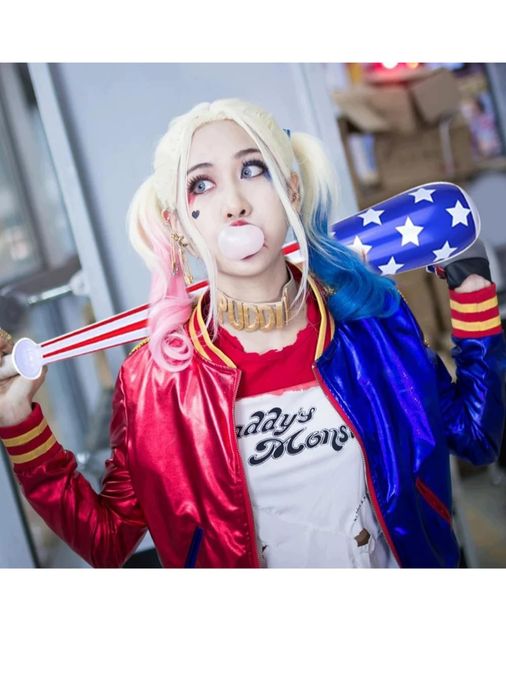 Peruka Harley Quinn + Dmuchany Kij + Tatuaże Zestaw Cosplay Halloween
