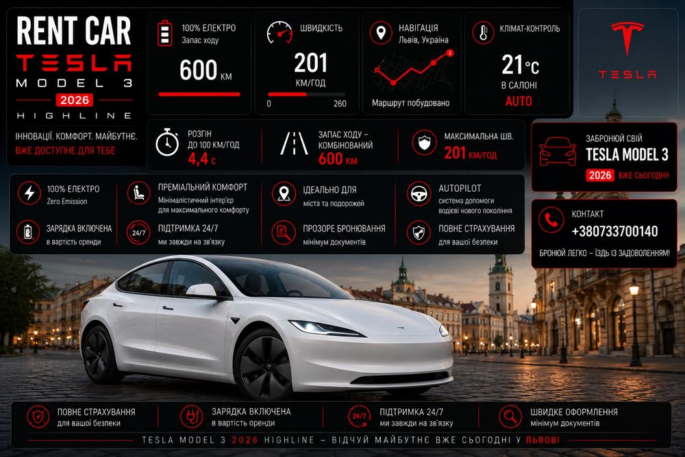 Rent Car прокат авто Оренда авто таксі Львів  LVIV, Tesla model 3 Highland