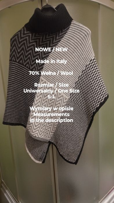 Made in Italy  Damskie ponczo / narzutka z golfem, 70% Wełna, Roz S-L