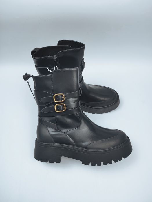 Botki wolkery buty za kostkę skórzane z paskami skóra kowbojki bikery