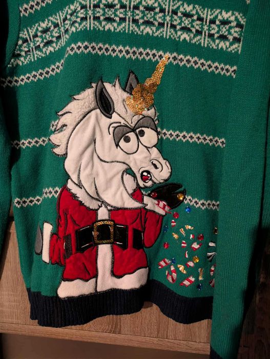Sweter świąteczny Jolly Sweaters L –zielony jednorożec cekiny