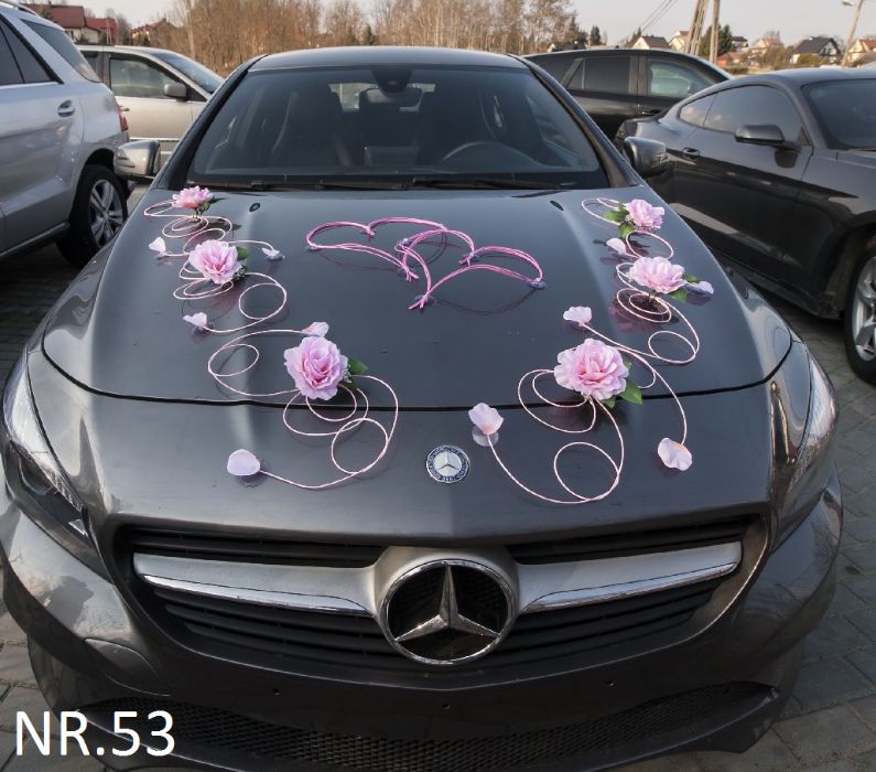 Duże kwiaty pudrowy róż + serca + kokardy na samochód-ozdoba 053