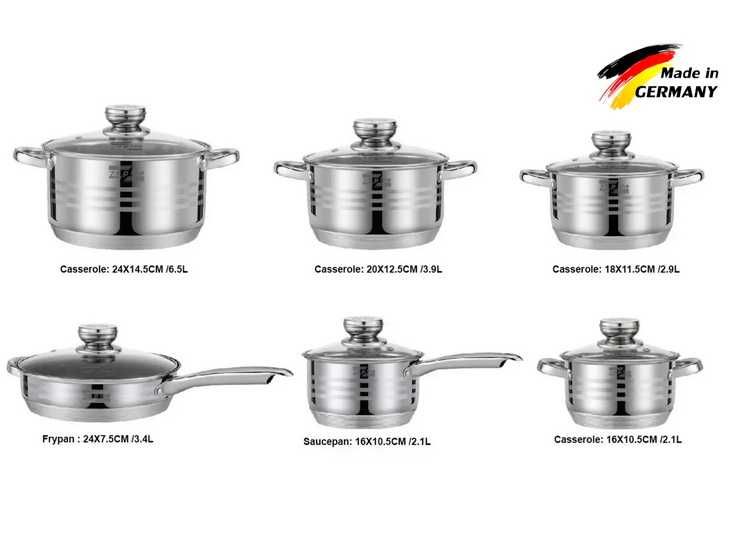 Набор кастрюль на 12 предметов пищевая нержавеющая и сковорода