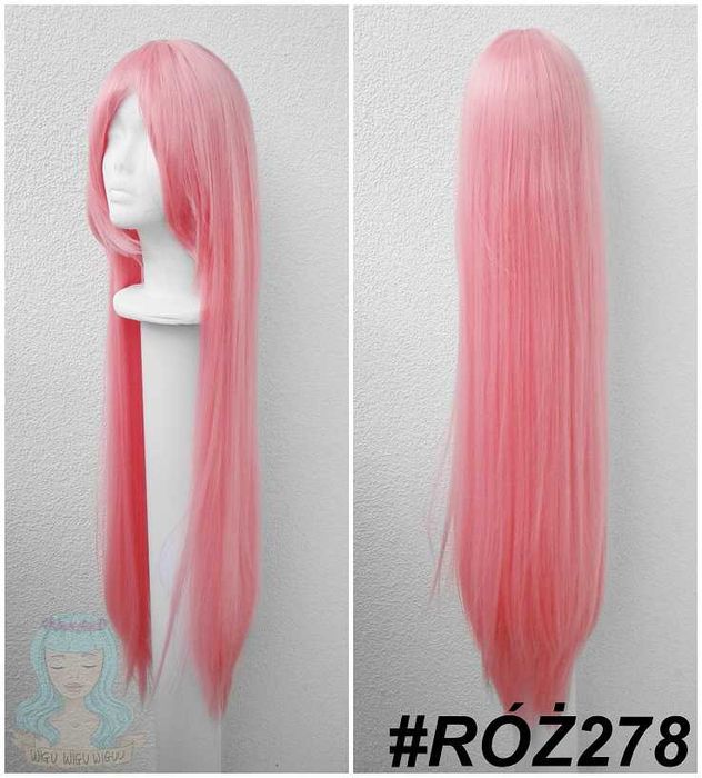 Długa prosta różowa peruka 100cm z grzywką cosplay wig różowy długi