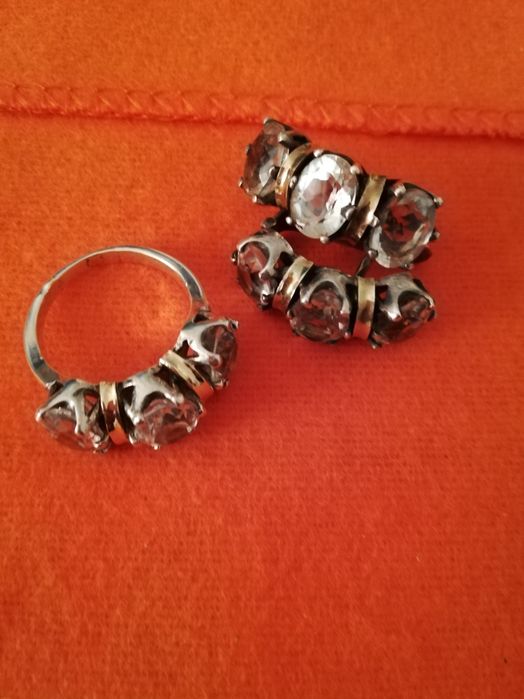 anel e brincos como novos em prata ouro e zirconias