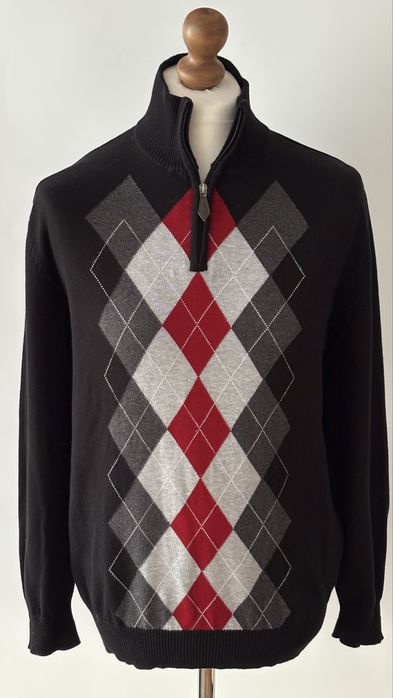 Męski sweter Dressmann XL 100% bawełna czarny półgolf stójka zamek wzór romby