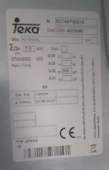 Placa Gás TEKA 4 Queimadores GPL
