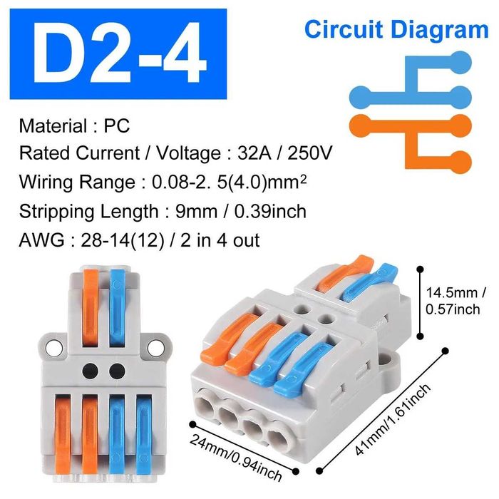 Конектор 2 на 4. Клемник. З'єднувач електричних кабелів до 250В 25А