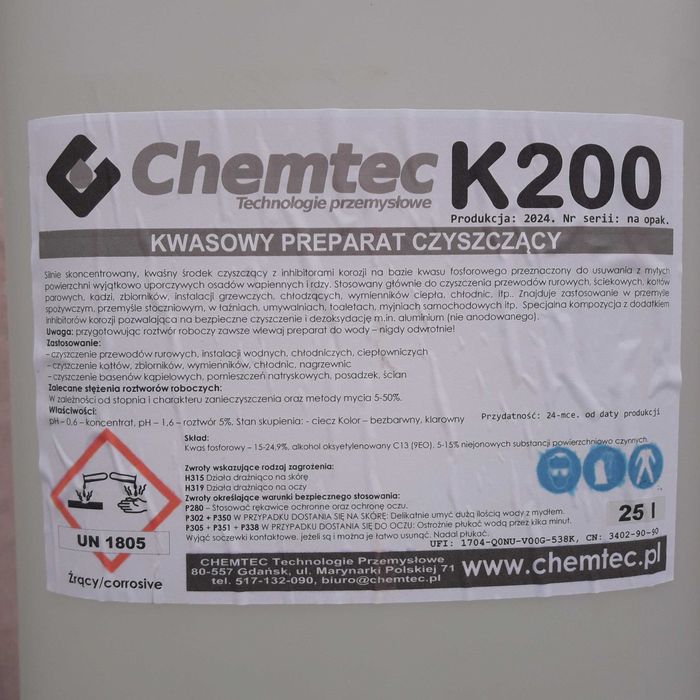 Chemia do czyszczenia, K200, kwasowy preparat czyszczący, kwas fosforowy / koncentrat / technologie przemysłowe.