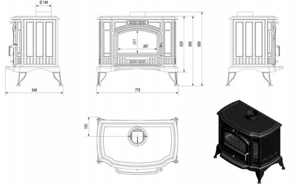 Piec k9 Kratki Wolnostojący Żeliwny Kominek Koza 10kW