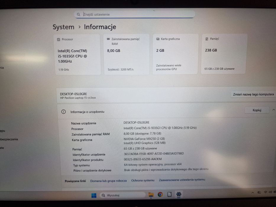 Wada ! Hp Pavilion 15-cs3001nw intel i5 10gen, nvidia , win 11