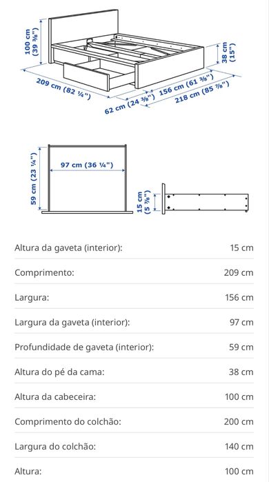 Cama MALM IKEA 140x200 com gavetas, estrado de ripas e colchão