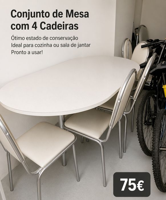 Mesa branca oval e 4 cadeiras