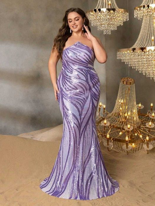 Fioletowa długa sukienka cekinowa 46/48